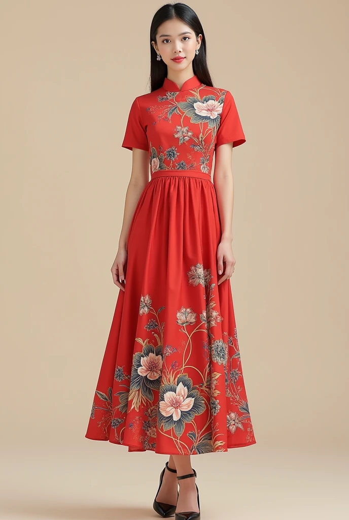 Create an image of a stylish dress designed for young women aged 20-25, combining a dynamic and youthful style with both modern and classic fashion elements, while incorporating Vietnamese cultural motifs. The dress should be versatile, suitable for both casual outings and daily workwear. Use materials like silk or cotton for comfort and breathability. The design should feature a blend of modern cuts with classic touches, such as a fitted waist and flared skirt. Include traditional Vietnamese patterns or details like lotus flowers, brocade, or subtle embroidery. The color palette should balance vibrant and neutral tones, making the dress both eye-catching and suitable for various occasions