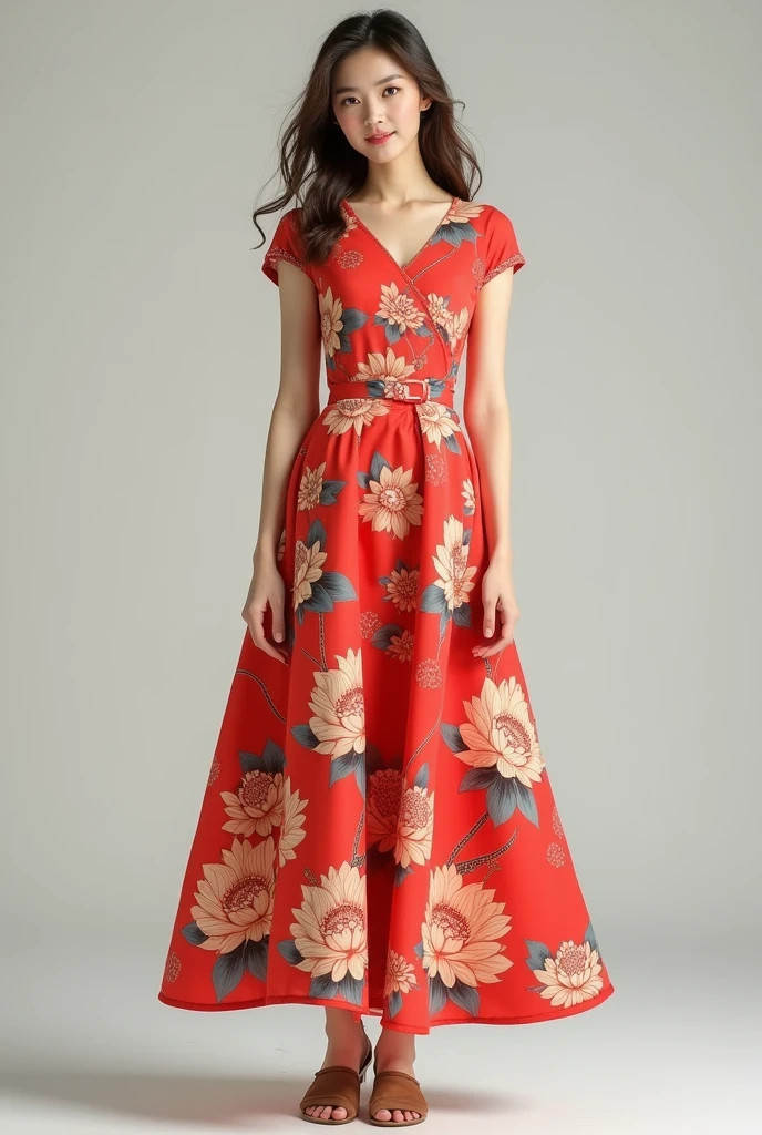 Create an image of a stylish dress designed for young women aged 20-25, combining a dynamic and youthful style with both modern and classic fashion elements, while incorporating Vietnamese cultural motifs. The dress should be versatile, suitable for both casual outings and daily workwear. Use materials like silk or cotton for comfort and breathability. The design should feature a blend of modern cuts with classic touches, such as a fitted waist and flared skirt. Include traditional Vietnamese patterns or details like lotus flowers, brocade, or subtle embroidery. The color palette should balance vibrant and neutral tones, making the dress both eye-catching and suitable for various occasions
