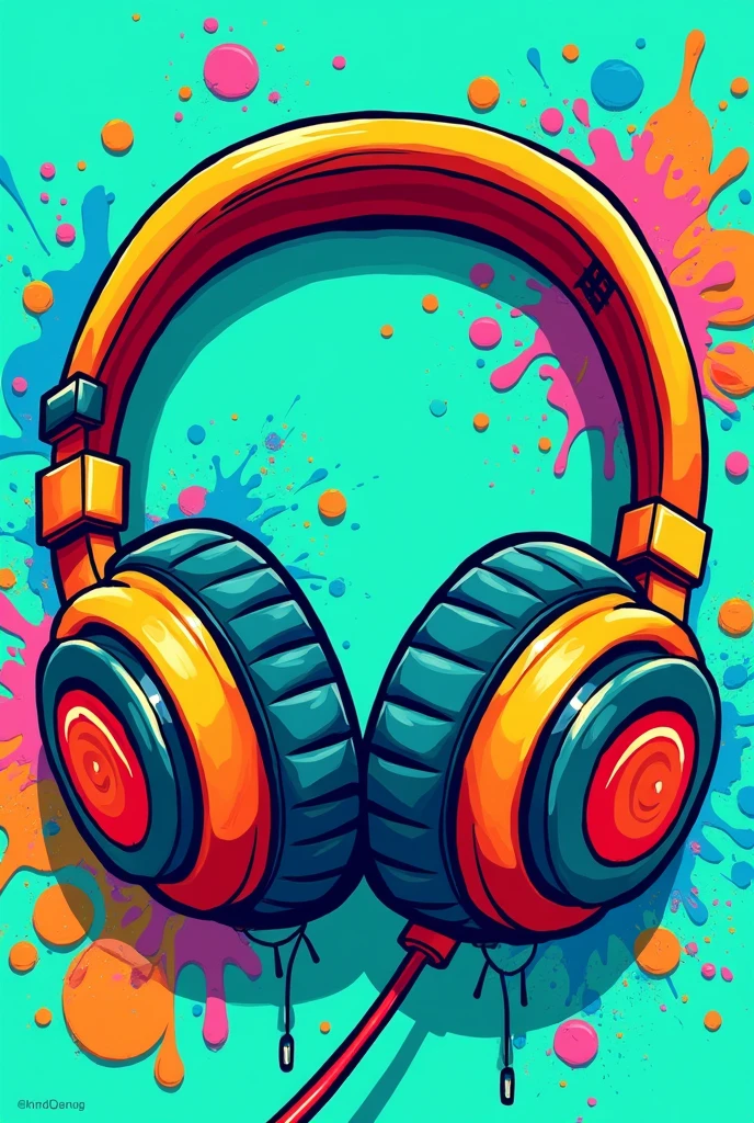 Vibrant and colorful graffiti-style artwork featuring a large pair of headphones as the central subject. The headphones are depicted in a dynamic, cartoonish manner with exaggerated proportions and bold outlines. The headband is primarily orange with red accents, while the ear cups are a mix of blue, yellow, and orange hues. The background is a bright turquoise with splashes of paint and abstract shapes in various colors, adding to the energetic and urban feel of the piece. There is a small signature or tag in black on the left side of the headband. The overall composition is lively and visually striking, with a strong emphasis on bold colors and street art aesthetics.