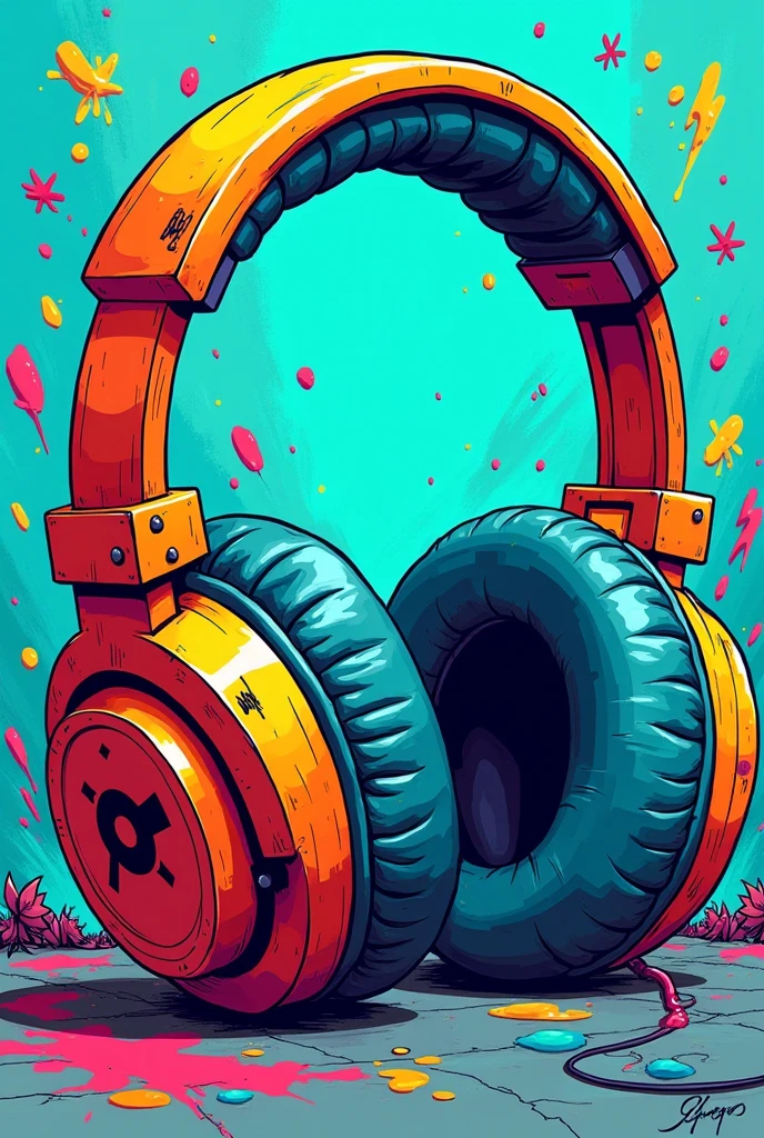 Vibrant and colorful graffiti-style artwork featuring a large pair of headphones as the central subject. The headphones are depicted in a dynamic, cartoonish manner with exaggerated proportions and bold outlines. The headband is primarily orange with red accents, while the ear cups are a mix of blue, yellow, and orange hues. The background is a bright turquoise with splashes of paint and abstract shapes in various colors, adding to the energetic and urban feel of the piece. There is a small signature or tag in black on the left side of the headband. The overall composition is lively and visually striking, with a strong emphasis on bold colors and street art aesthetics.