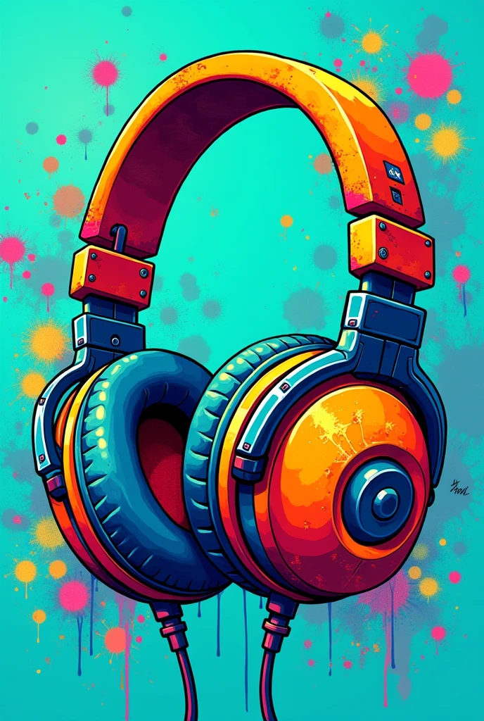 Vibrant and colorful graffiti-style artwork featuring a large pair of headphones as the central subject. The headphones are depicted in a dynamic, cartoonish manner with exaggerated proportions and bold outlines. The headband is primarily orange with red accents, while the ear cups are a mix of blue, yellow, and orange hues. The background is a bright turquoise with splashes of paint and abstract shapes in various colors, adding to the energetic and urban feel of the piece. There is a small signature or tag in black on the left side of the headband. The overall composition is lively and visually striking, with a strong emphasis on bold colors and street art aesthetics.