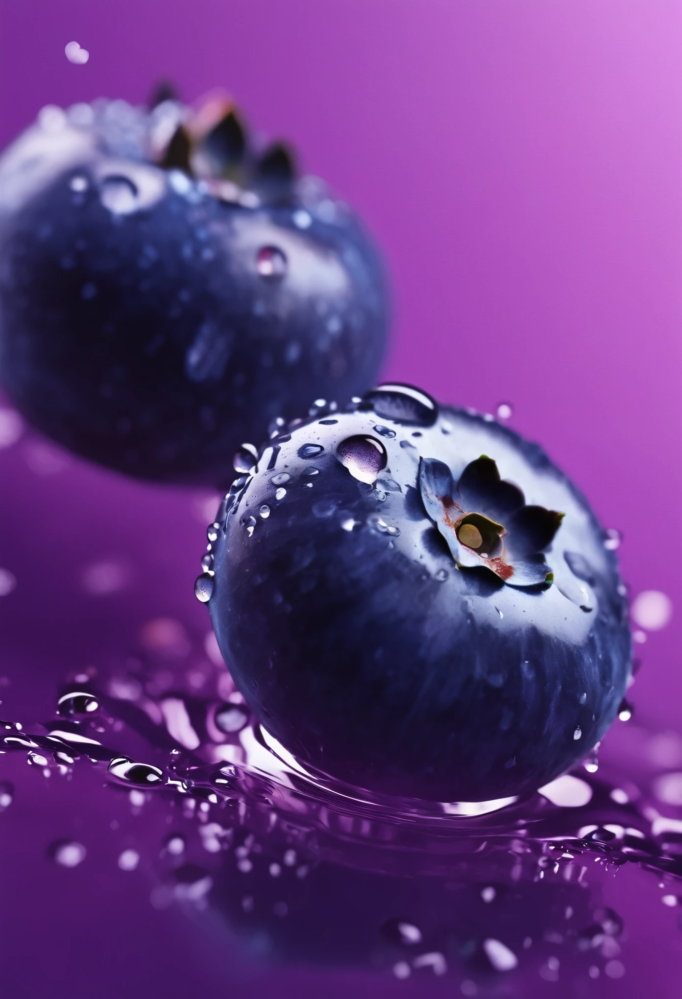 2 blueberries,Macro close-up,Water Drops,3D Style,Purple background,Ultra-detailed depiction