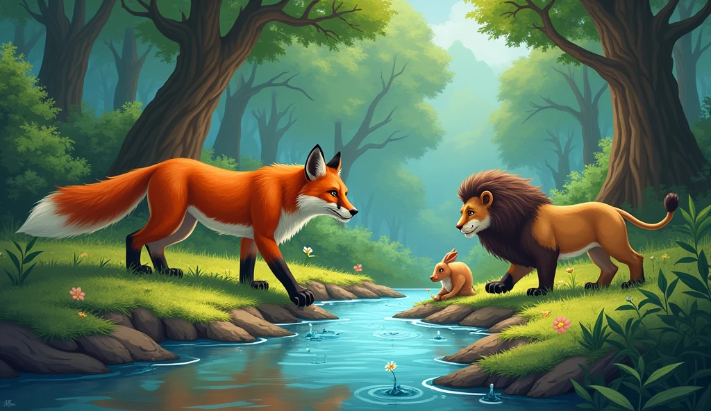 The animals work methodically to spread the pond water throughout the forest. The fox provides guidance, the lion uses his strength, and the rabbit creates small channels to direct the water.