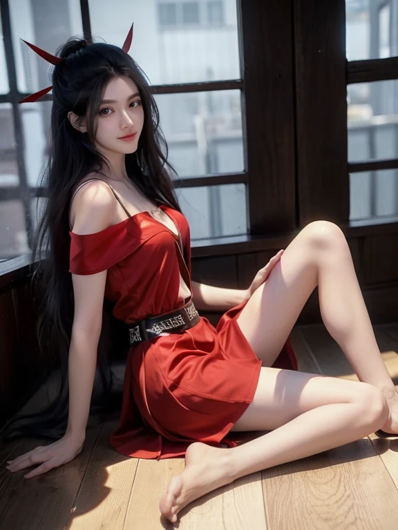 ((whole body)), 1 girl, Long hair, Translucent red skirt, (Transparent red silk), Black Hair, Lie down, Mysterious smile, Slender eyes, Fascinating eyes, Extremely detailed photos of the goddess, Three long thin red hairpins, Elongated eyebrows, tall, Snow-white skin, Medium breasts, Exposing chest, Very high color saturation, Off-shoulder, long legs, raised eyebrows, light smile, Barefoot, bare legs, Delicate face, Fluffy hair, Small mouth, Surrealism, ray tracing, reflection light, Fujicolor, retina, masterpiece, anatomically correct, high details, highres, 8k, super detail