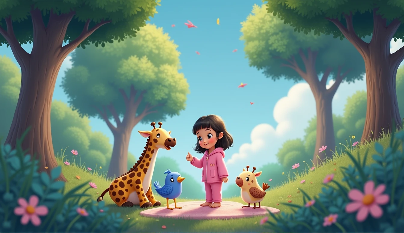 a little cartoon girl in pink pajamas, sitting next to a blue cartoon bird, A plush giraffe toy watches it all