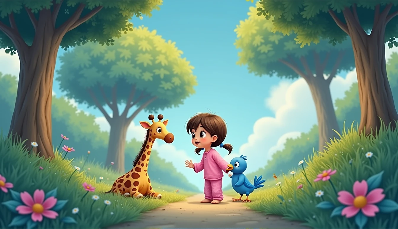 a little cartoon girl in pink pajamas, sitting next to a blue cartoon bird, A plush giraffe toy watches it all