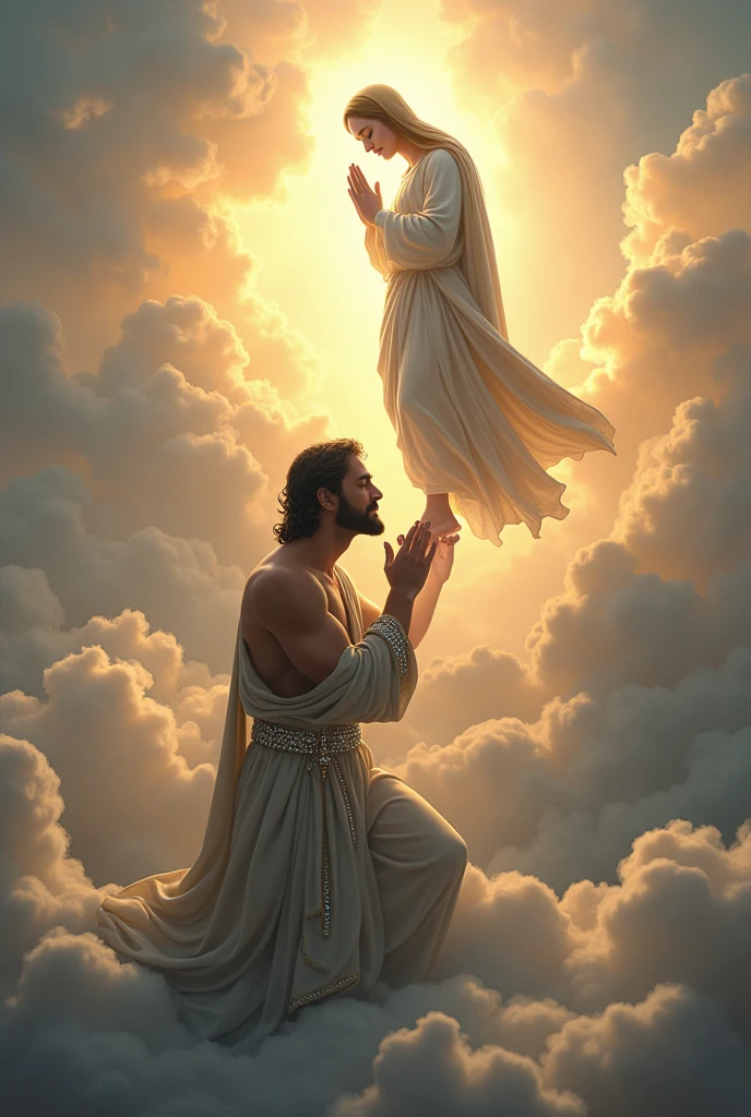 (photorealism:1.2), handsome and hunk Jesus Christ, kneel and kissing  the foot of virgin Mary floating from the heaven that sorrounded of many clouds, wearing and cover his body of the elegant orange gown of the king sorrounded of many diamonds with light in his head and heart spreading all over, the eyes is close while praying, complete five finger, real feet, real beautiful hair, real image, heaven outdoors, bright lighting, clouds in background, beautiful light, real heaven and clouds, relaxed pose, realistic, intricate details, bright colors,