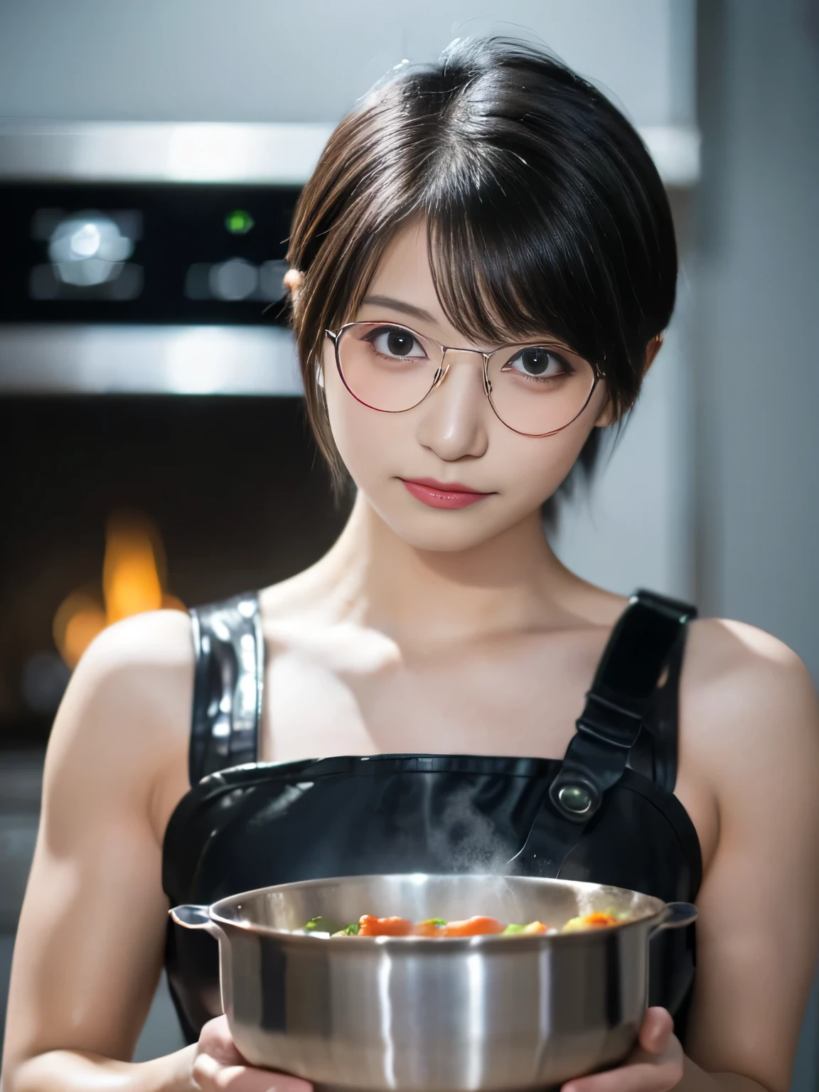 20 year old Japanese beauty，One person、Muscular body like a bodybuilder、Emphasize the breasts、Slit eyes、A head-to-toe view，Bust is very very large、The background is a medieval European kitchen、High quality photos、Clear, crisp images of the lower body、Masterpiece 8k、Ecstatic face、Wearing Japan armor、Stirring a pot of stew on the stove、Wearing glasses、Dragon Quest IV Arena、color々Camera angle