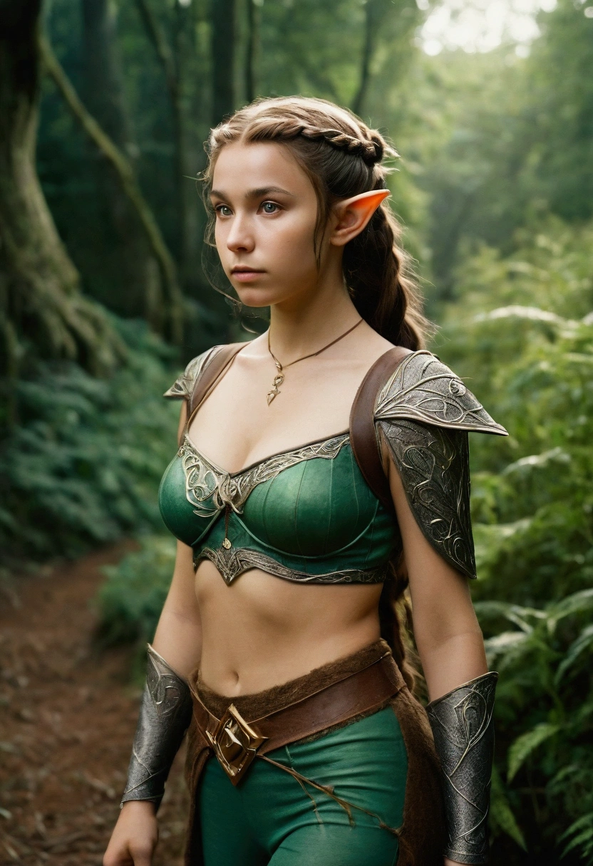 analog film photo, photo of a young elven girl, 18 years old, elf ears, amber eyes, shaggy brunette ponytail, tan complexion, Amazonian stature, voluptuous hourglass figure, busty bosom, narrow waist, full hips, big plump buttocks, wearing an elven crop top and leggings, strolling through a fantasy landscape, RAW Photograph, dslr, soft lighting, high quality, film grain, Fujifilm XT3, detailed skin with visible pores, insane details, masterpiece, 8k, 35mm photograph, dslr, kodachrome, faded film, desaturated, grainy, vintage, Lomography, stained, highly detailed, found footage, close-up shot, elven ears