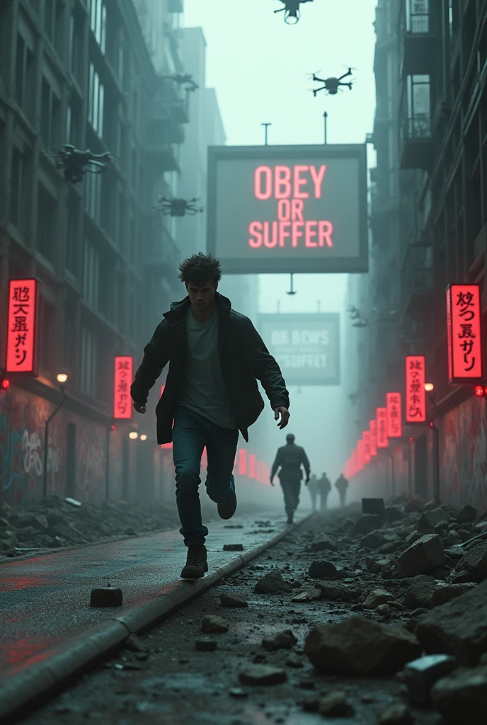 Imagine a city in ruins, with half-destroyed buildings and deserted streets, wrapped in an oppressive and dark atmosphere. In the center of the scene, a young man runs desperately through a narrow, dirty alley, with a face full of panic. He doesn't wear the mandatory microchip on his index finger, which makes him a target for hunting.
Behind him, a group of drones and soldiers in black uniforms advance relentlessly, armed with advanced technology and scanners that seek to identify those who do not comply with the law. The red lights of the drones illuminate the young man's figure, highlighting his desperation as he jumps over rubble and dodges the remains of abandoned vehicles.
The environment around him is bleak, with walls covered in graffiti protesting the government's oppressive control. The long shadows of the pursuers are projected on the walls, increasing the feeling of imminent capture. In the background, a giant screen displays the message "Obey or Suffer," while distant sirens and the echo of footsteps resonate, creating an atmosphere of tension and total despair.
