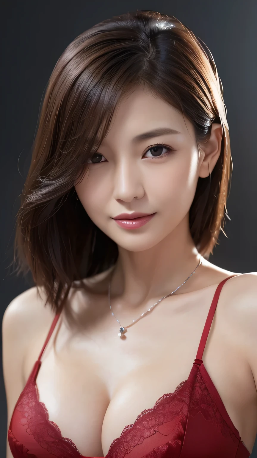 ((Highest quality, 8k, realistic photographic expression、masterpiece: 1.3))、((Slender body:1.4 ))、(((Beautiful middle-aged woman、40 year old Japanese matomically correct、charisma)))、(Slim and toned waist:1.3),(((Saggy tits)))、((Brown, short, neatly styled hair))、((Red lingerie with lace))、Perfect Makeup、((A refreshing smile))、Thin legs, Small face with pointed chin、Rough skin、Long droopy eyes、(Wrinkles at the corners of the eyes:1.2)、necklace, (Professional cool lighting:1.3)、(Waist to head:1.2))、cool and simple dark wall background、