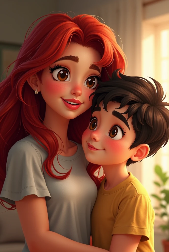 mother e hijo juntos. 

mother, Red hair dyed with black roots, long hair with waves and volume, Smiling shows dimples on both cheeks., thick, pink lips, Round, dark brown eyes, Long, curly black eyelashes, bushy eyebrows, overweight. 

son, 11 years, Thin, dark brown, wavy and voluminous hair, Traditional haircut. Smile without dimples, features similar to mom. 
