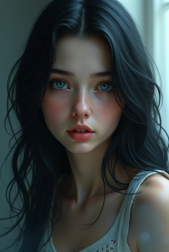 Woman in twenties, blue eyes, black hair, shy