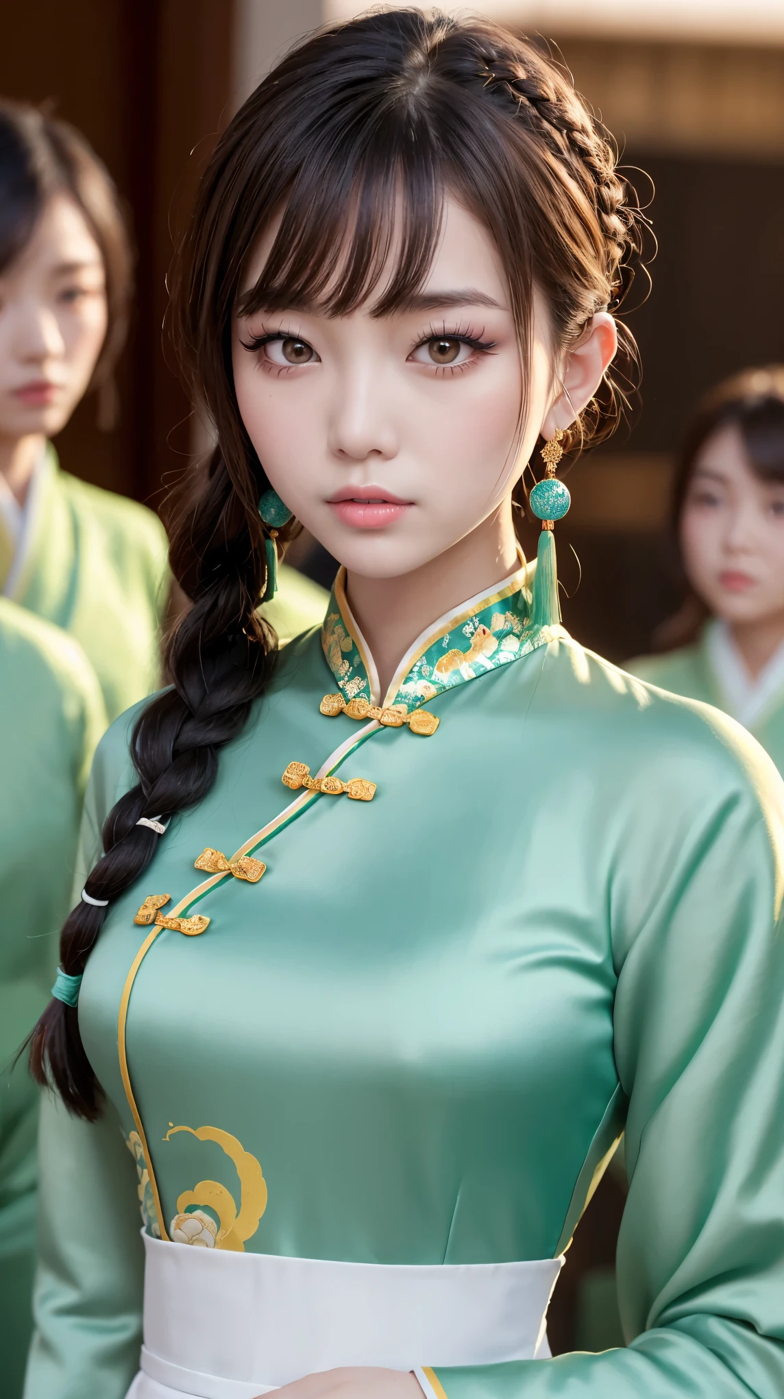 Realistic, masterpiece, Highest quality, Highest Resolution, Anatomically correct, Accurate Anatomy, 7 heads, Height: 165cm, One Japanese woman, Staring at the audience, Open your mouth and laugh, Staring at the audience, Fine and beautiful eyes, Sparkling eyes, Thin eyebrows, Gives lashes a delicate finish, False eyelashes, (Chinese traditional makeup:1.2), (Dumpling＋Braided hair, Blunt bangs, Brown Hair:1.2), Detailed face, Sharp Eyes, The dignity of a princess, (Traditional Chinese Dress, Clothes that fit snugly to the body, Random Color:1.3), Upper body photo, Background like ink painting