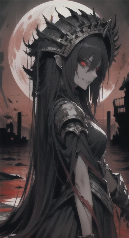 Ancient era, armored, princess Hylexia , blood everywhere, bloodmoon princess drenched in blood, looking at viewer psychotically, creepy smirk, Sharp claws, covered in blood, Side view, destroyed village, cursed Triforce, fortress ruins,