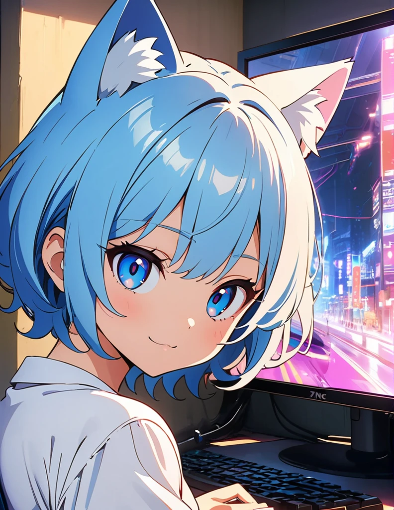 (anime artwork, anime style, studio anime, very detailed, up to date, vibrant, Anime Coloring, high contrast, masterpiece:1.2, best quality, best aesthetics),(774inc official style:1.5),(souya ichika:1.5) 1 girl,Blue hair,short frizzy hair,shaggy cut,Best quality,light smile,{{gaming pc}},{{pink gaming chair}}girly room,(cat ear:1.5), perfect anatomy,blue eyes, computer work