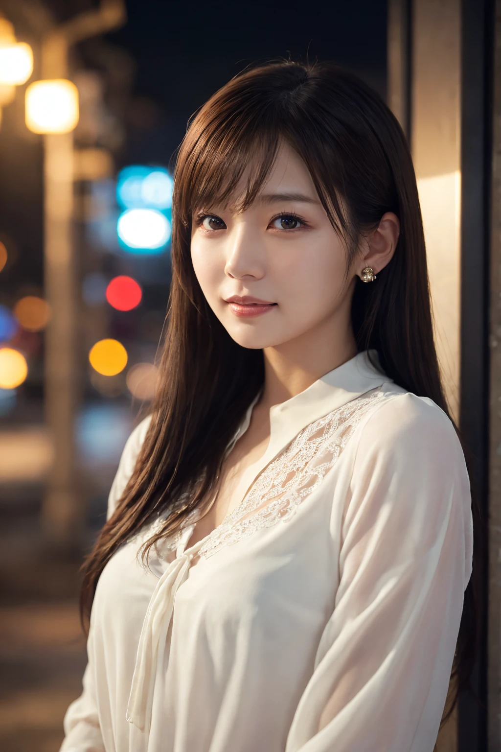 1 person, (Wear a white blouse:1.2), (RAW Photos, highest qualthaty), (Realistic, Realistic:1.4), Shortcuts, Very delicate and beautiful, Very detailed, 2k wallpaper, wonderful, finely, Very detailed CG Unthaty 8K 壁紙, Very detailed, High resolution, Soft Light, Beautiful detailed, Very detailed目と顔, Beautiful and sophisticated nose, finelyて美しい目, Cinema Lighting, Illuminations that light up the cthaty on a snowy night, Snow Scene, that&#39;that&#39;that&#39;that&#39;it&#39;s snowing, Snow fell in my hair, Perfect Anatomy, Slender body, Was nervous, Straight semi-long hair, bangs, Looking at the audience, smile、Fluffy scarf