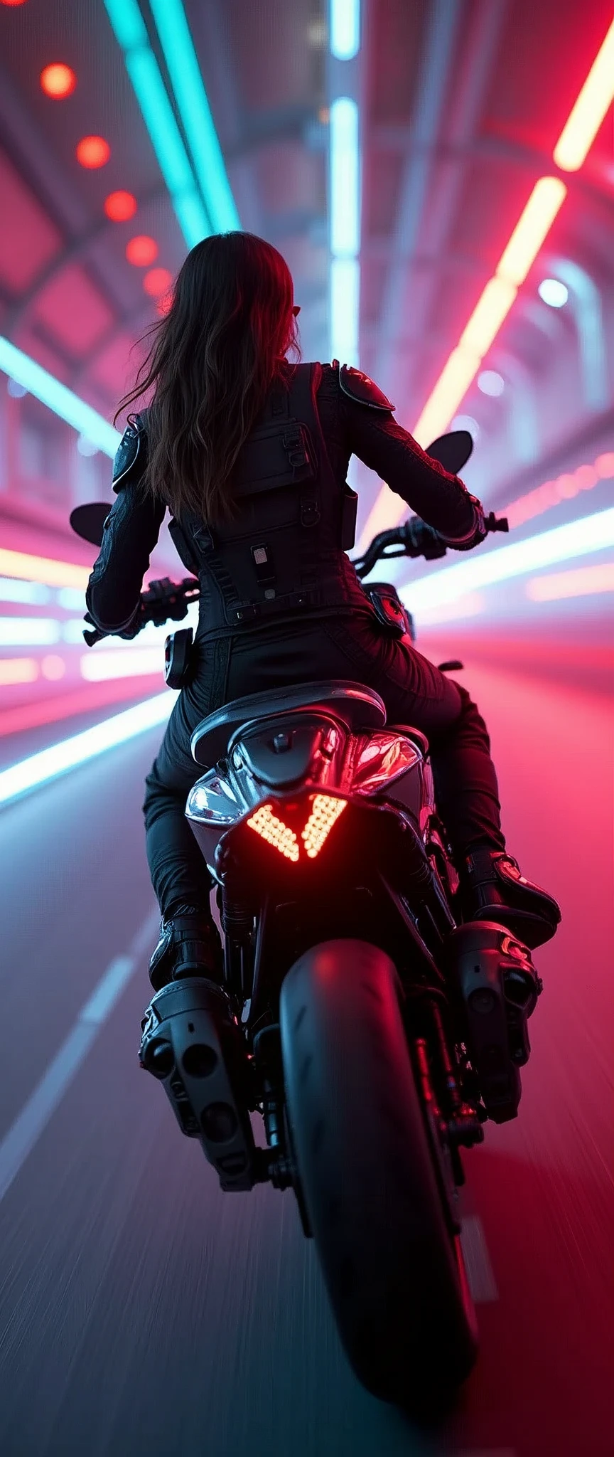 (masterpiece:1.2,Highest quality,Ultra-high resolution,Very detailed,Realistic,DSLR Canon style),8k,wallpaper,(Ray Tracing),(Future City:2.0),sf,cyber punk,(A woman driving a futuristic, heavily armed mech motorcycle of a SWAT team.:1.9),(A woman wearing a SWAT team's tactical mech bodysuit:2.0),(A tilted camera angle from the rear of the aircraft),night,(Rainbow-colored guiding lights:2.0),(The aircraft hurtled through the tunnel's curve at breakneck speed.:2.0),(Tunnel of Light:2.0),(Motion Blur)