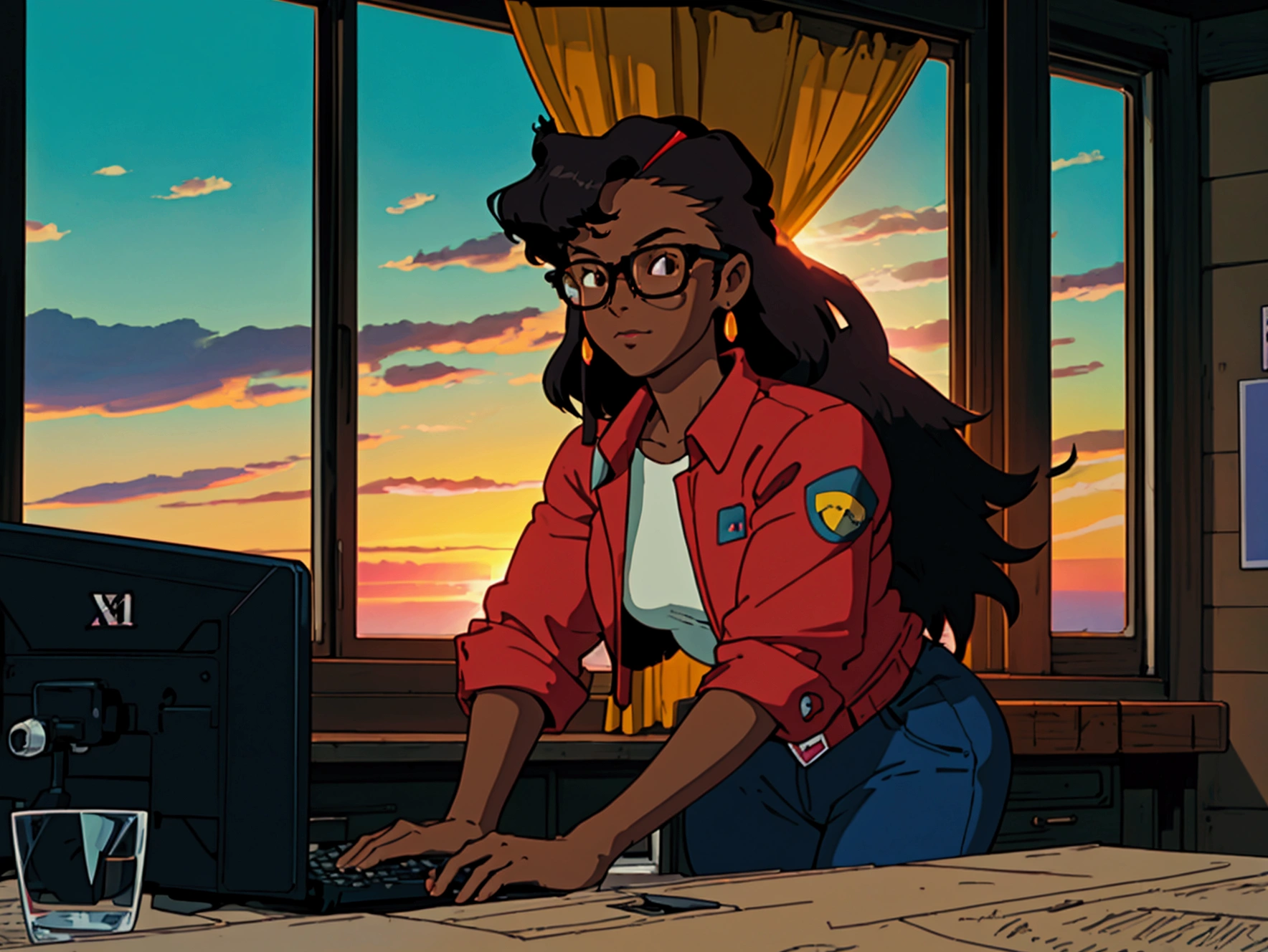 cowboy bebop, black female character, dark skinned, black girl, 30, long hair, brown eyes, blue light, wearing Ralph lauren, typing at a computer, red glasses, programmer, gamer, panoramic window view of miami, sunset, luxury decor, --ar 16:9 --v 6 --style raw