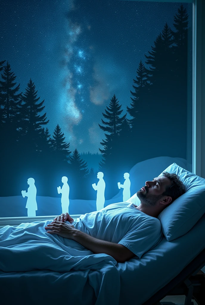 A very serious man intubated through the mouth with a mechanical ventilator lying on a bed near an infinite glass window that divides the forest at night with stars where there are silhouettes of hologram-type humans praying on their knees and looking at the sky from right to left. 