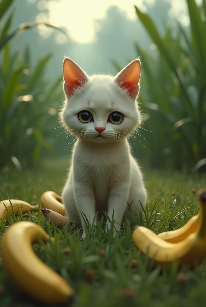 Believe me, an anthropomorphic cat in the field with bananas around him, sad crying mood, 8k, high resolution, the cat well detailed, ultra-realistic cinematography.