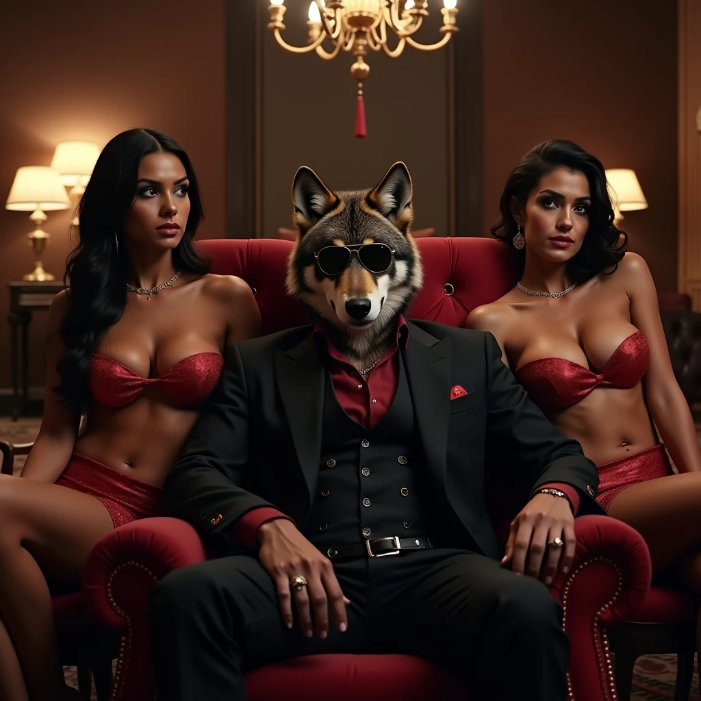 A wolf dressed as a gangster with dark aviator sunglasses sitting in an armchair surrounded by beautiful big-breasted Latina women