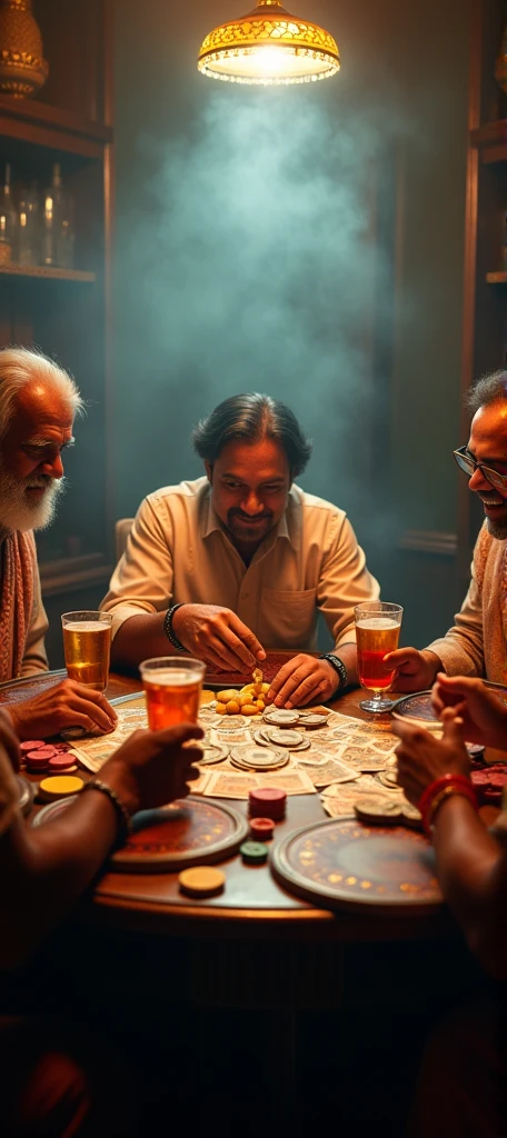 Retro poker game, Depth of Field，(best quality, high resolution, HDR, Practical), Bright colors, Extremely detailed description, (Concept Artist), an antique Indian wooden table，Paper money coins chips，Indian men and women playing cards together，Smoky room, Dim Lights, Happy expression, Happy smile，(portrait:1.1) ，everyone has a drink in front of them. there are two glasses and two cups on the table, Fruit food