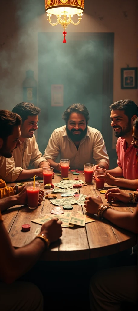 Retro poker game, Depth of Field,(best quality, high resolution, HDR, Practical), Bright colors, Extremely detailed description, (Concept Artist), an antique Indian wooden table,Paper money coins chips,Indian men and women playing cards together,Smoky room, Dim Lights, Happy expression, Happy smile,(portrait:1.1) ,everyone has a drink in front of them. there are two glasses and two cups on the table, Fruit food