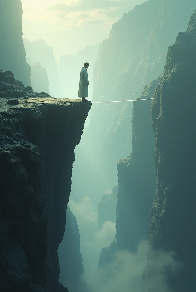 Faith: A person standing at the edge of a cliff, stepping forward confidently onto an invisible bridge that forms underfoot, symbolizing trust and belief.