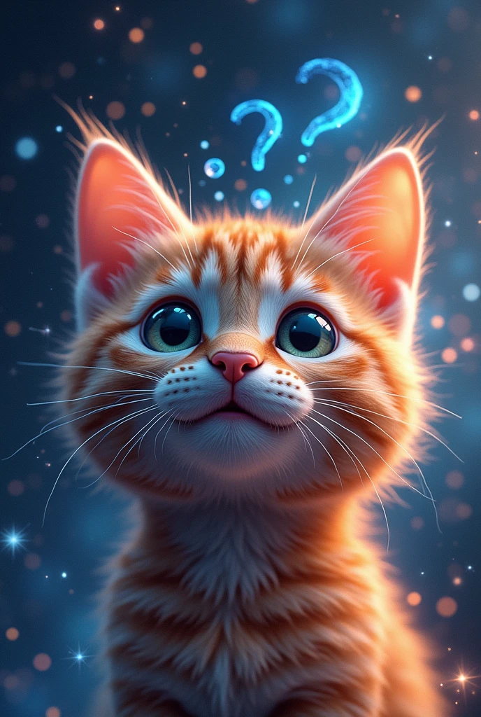 Cat face close up, Space in the background (Beautiful shining stars and galaxies), Space Cat, big "!?" on the screen is written in big letters on the screen,Sparkle Effect, smile,