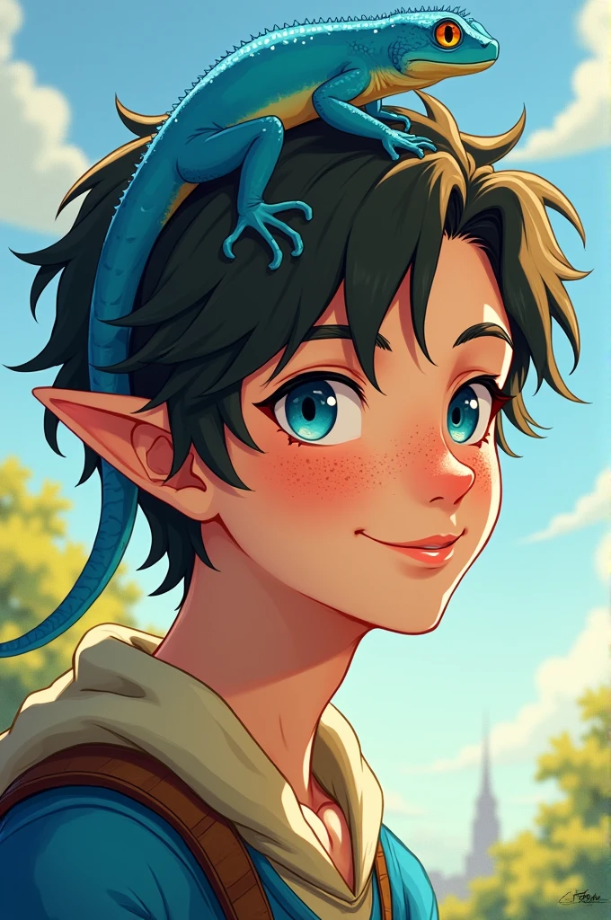 Legend of zelda panel male Asian ethnicity Freckles all over his body Blue eyes White skin He is smiling A blue lizard is resting on his head