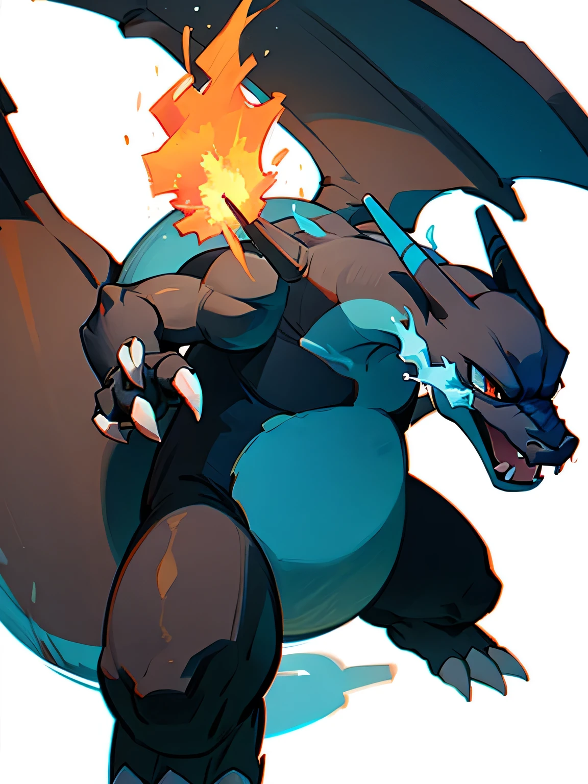 (black Charizard), blue fire,no humans,white simple background,