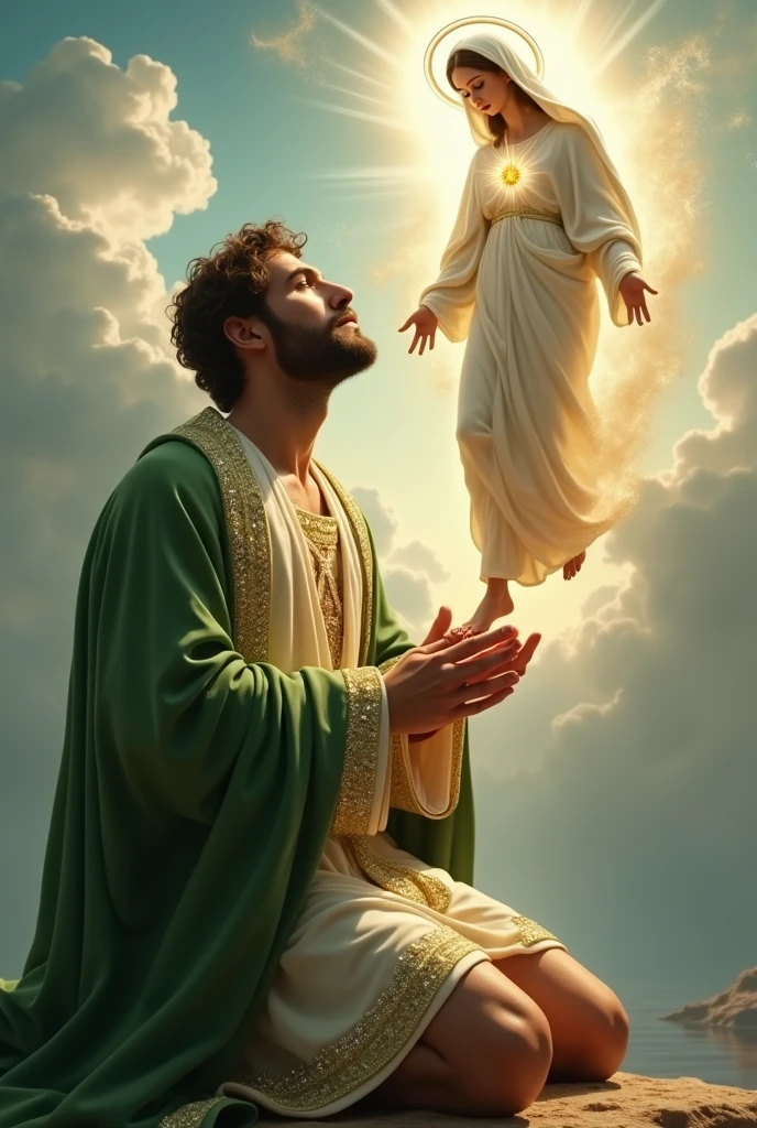 (photorealism:1.2), handsome and hunk Jesus Christ, kneel and kissing  the foot of virgin Mary floating from the heaven that sorrounded of many clouds, wearing and cover his body of the elegant green gown of the king sorrounded of many diamonds with light in his head and heart spreading all over, the eyes is close while praying, complete five finger, real feet, real beautiful hair, real image, heaven outdoors, bright lighting, clouds in background, beautiful light, real heaven and clouds, relaxed pose, realistic, intricate details, bright colors,