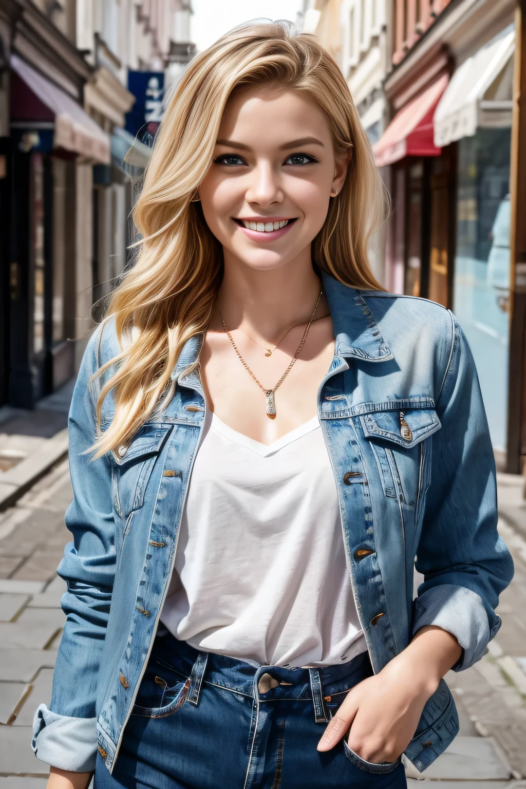 Super Resolution、Beautiful German Women、、Blonde Hair、Blue eyes、Wavy Hair、Short Haircut、ear piercing、necklace、Denim jacket、shirt、smile、Beautiful teeth alignment、The background is a city street
