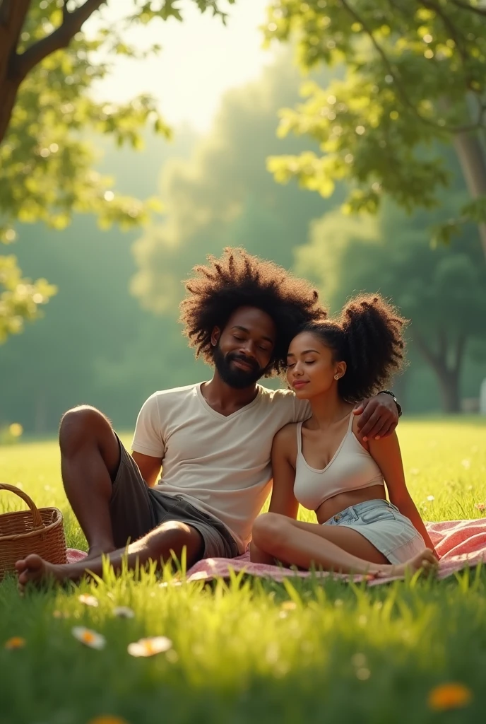 I wanna lie on the grass somewhere and eat and forget about everything for a while (with my bf if that wasn't obvious) black man with big loose curly hair and lightskin woman with two puffs