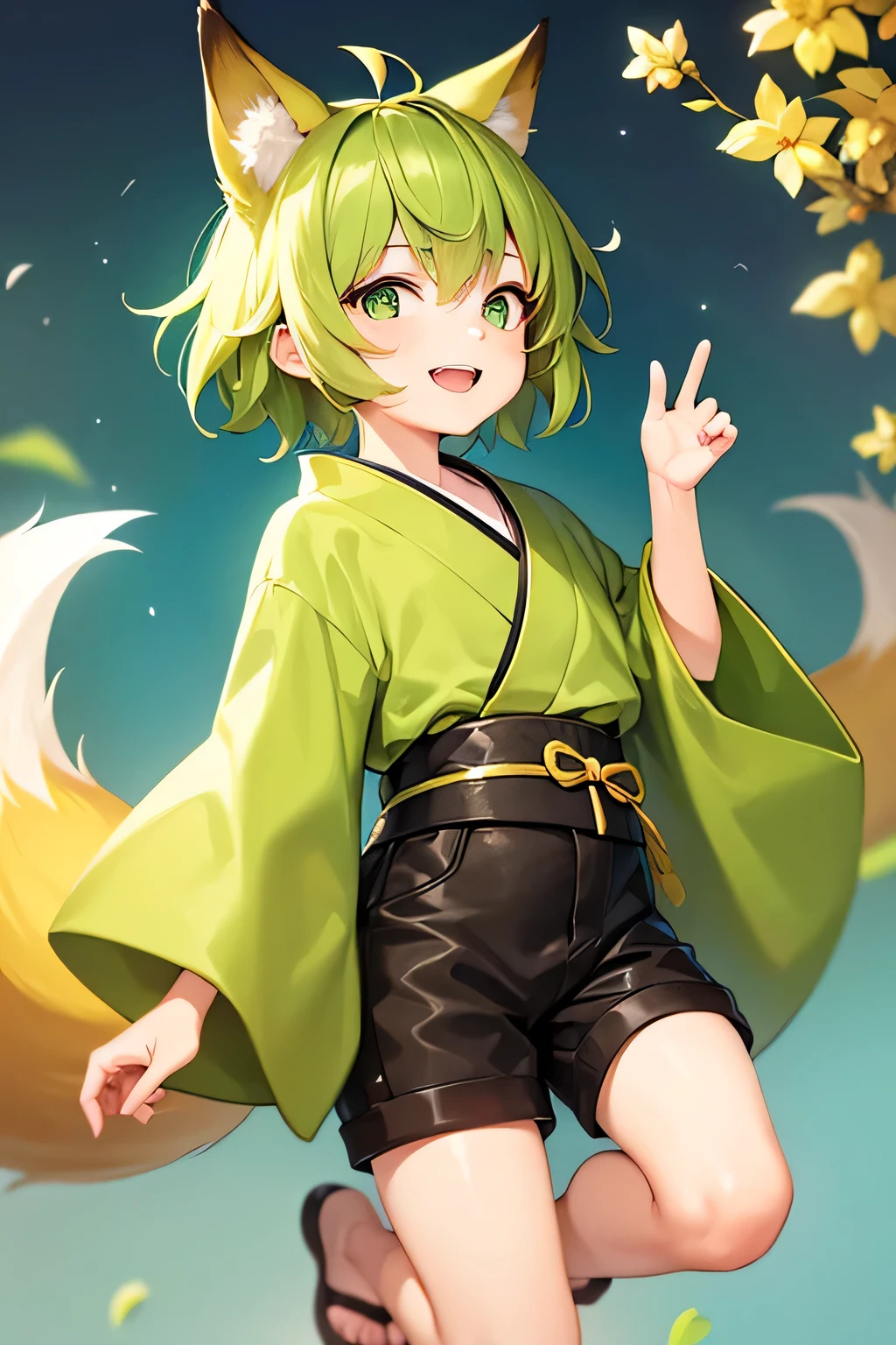 1 person,Small child,Cheerful face,Short Hair,Yellow-green hair,Fox ears with a yellowish-green color,6 tails,light green kimono,Shorts,White skin