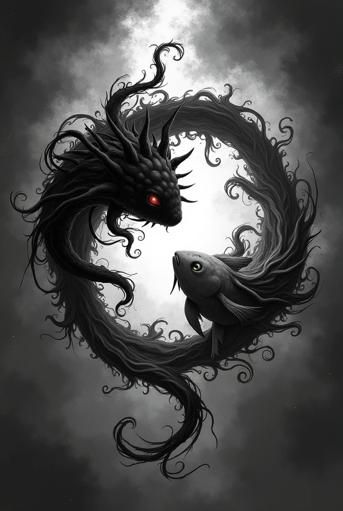 a black and inhite image of tino axolotl and a fish in a circle, Ying y Yang, yin yang, mainly grayscale, Witch's circle, b&in!, Yin-yang shaped, Tentacles in the universe, brooding and gloomy art style, tino in the void, Spiritual Cryptid, evil inky sinirly ripples
