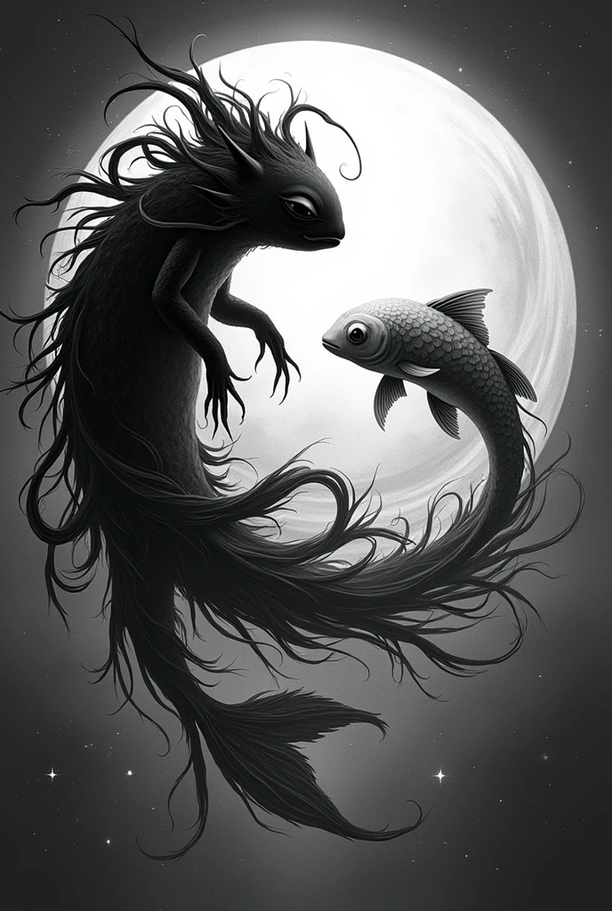 a black and inhite image of tino axolotl and a fish in a circle, Ying y Yang, yin yang, mainly grayscale, Witch's circle, b&in!, Yin-yang shaped, Tentacles in the universe, brooding and gloomy art style, tino in the void, Spiritual Cryptid, evil inky sinirly ripples