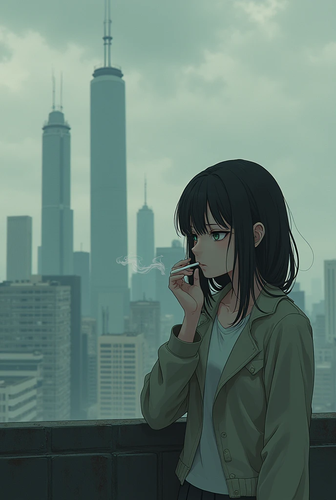 in anime style, Create an illustration, The background of the image should be a large metropolis in a cloudy and melancholic weather, with a girl smoking a cigarette with a look of sadness..