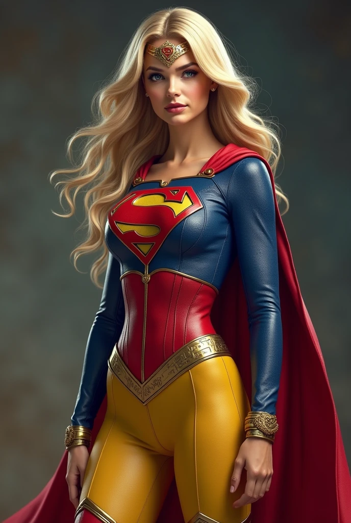 A beautiful woman with long blonde hair three feet long wearing the suit of the Kryptonian Kara zor-El aka Supergirl Suit Blue and red jacket in leather red corset with Superman emblem on her chest yellow pants combined with Red and blue in leather red knee-high boots with gold trim long gold bracelets Diaema with Superman logo or emblem on her forehead