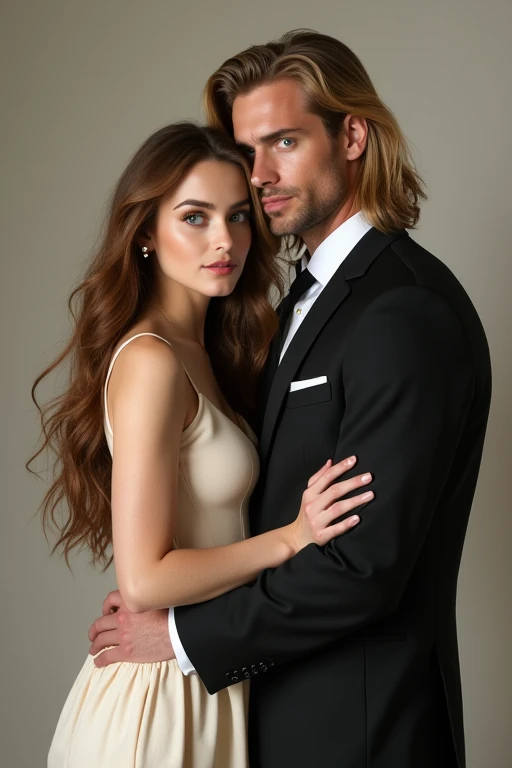 Make Lily Collins circle round big eyes brown hair color and a tall blond long hair muscular man , They will have elegant clothes