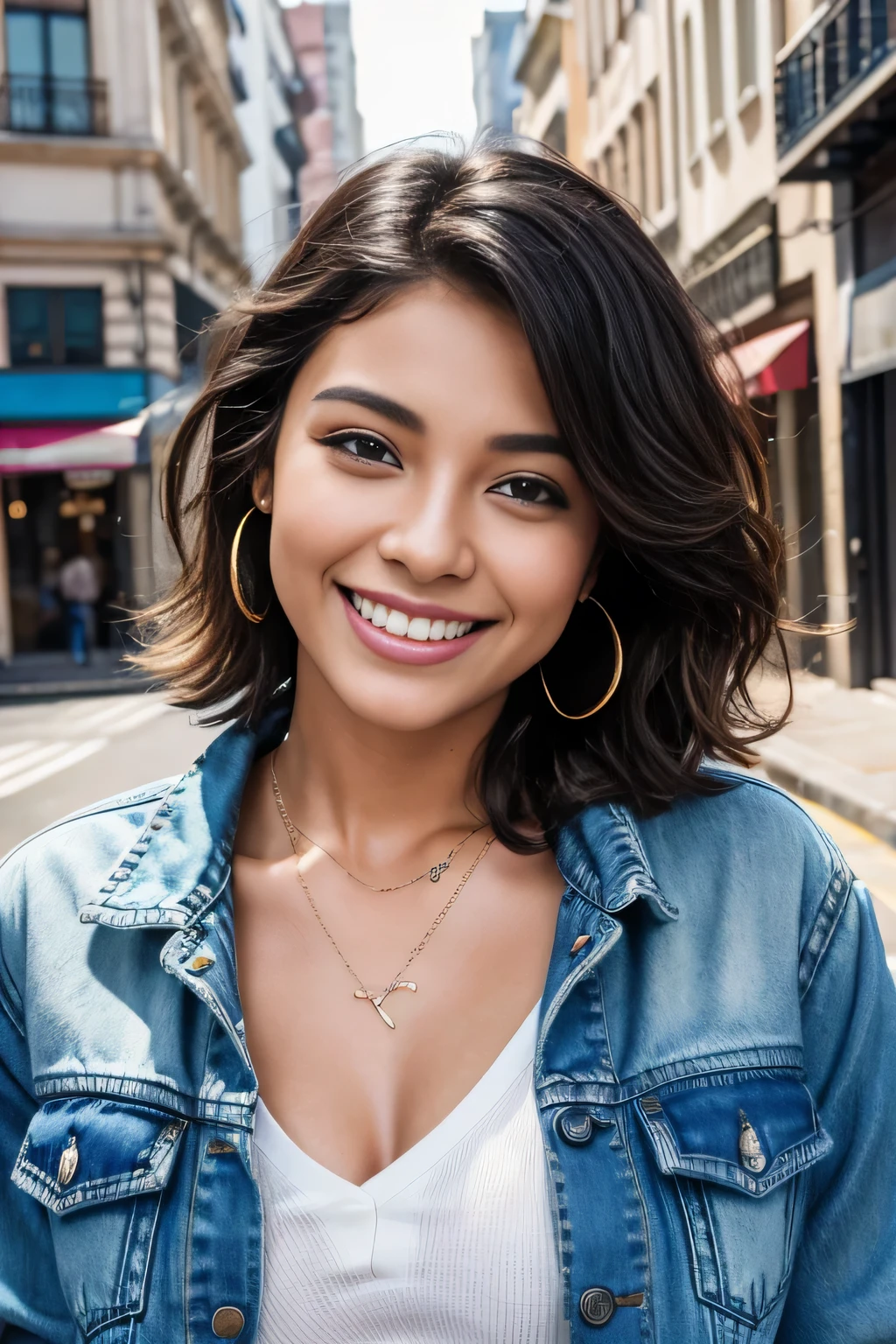 Super Resolution、beautiful Brazilian woman、、Wavy Hair、Short Haircut、ear piercing、necklace、Denim jacket、shirt、smile、Beautiful teeth alignment、The background is a city street