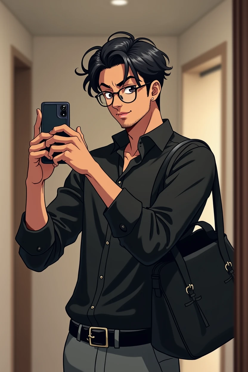 anime dash, naughty man, dark-skinned, short black hair, 31 years old, round glasses, whisker, black dress shirt, Gray pants, black bag with side handle, Taking a picture in the mirror with my smartphone.