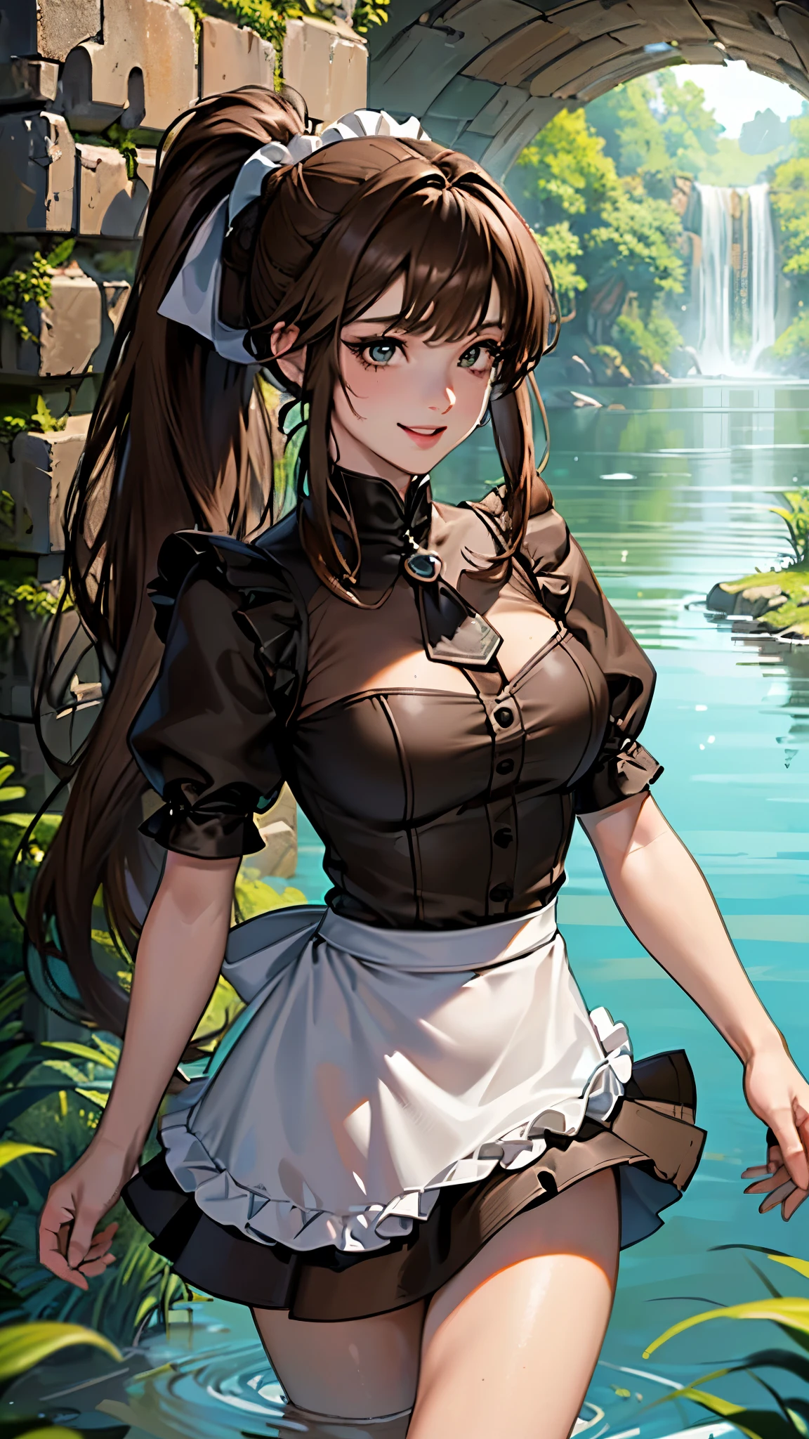 ((masterpiece, highest quality, High resolution, Hmm, Pixel perfect, Depth of written boundary, 4k, RTX, HDR))), 1 Girl, single, alone, Beautiful Anime Girls, Beautiful art style,anime character, ((Long Hair, bangs, brown hair, ponytail:1.5)), (Green Eyes:1.4, Round eyes, Beautiful eyelashes, Realistic eyes), (Detailed face, ), (Smooth texture:0.75, Realistic texture:0.65, Realistic:1.1, Anime CG Style), Medium breast, (Perfect body ,(maid dress, mini skirt,), mini skirt, smile, Filmed in a tunnel, Submerged in water