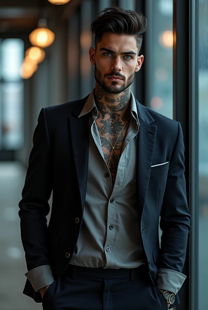 Man in twenties, tattoos, black hair, blue eyes, formal