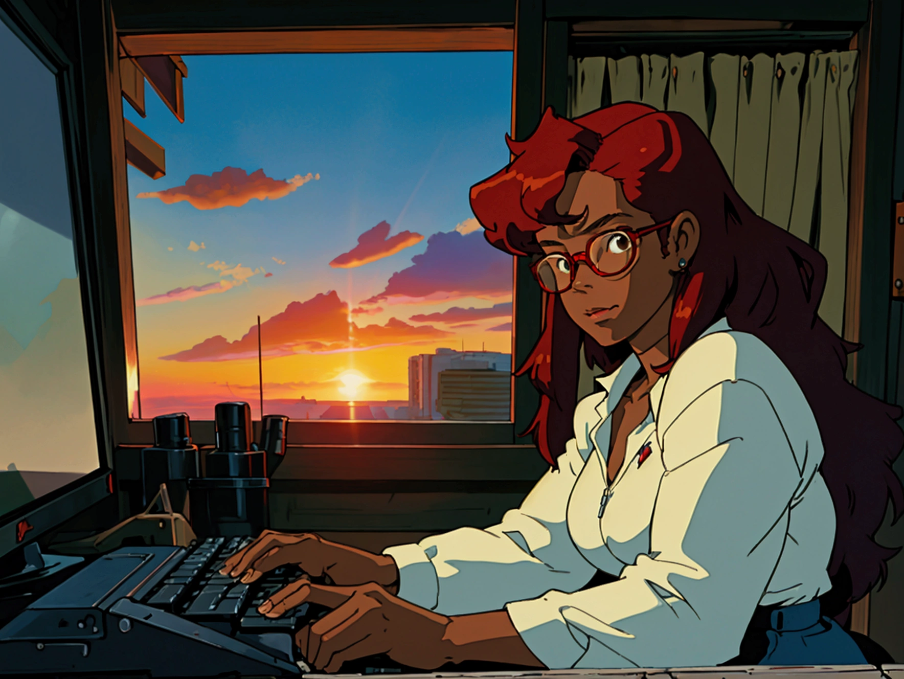 cowboy bebop, black female character, dark skinned, black girl, 30, long hair, brown eyes, blue light, wearing Ralph lauren, typing at a computer, red glasses, programmer, gamer, panoramic window view of miami, sunset, luxury decor