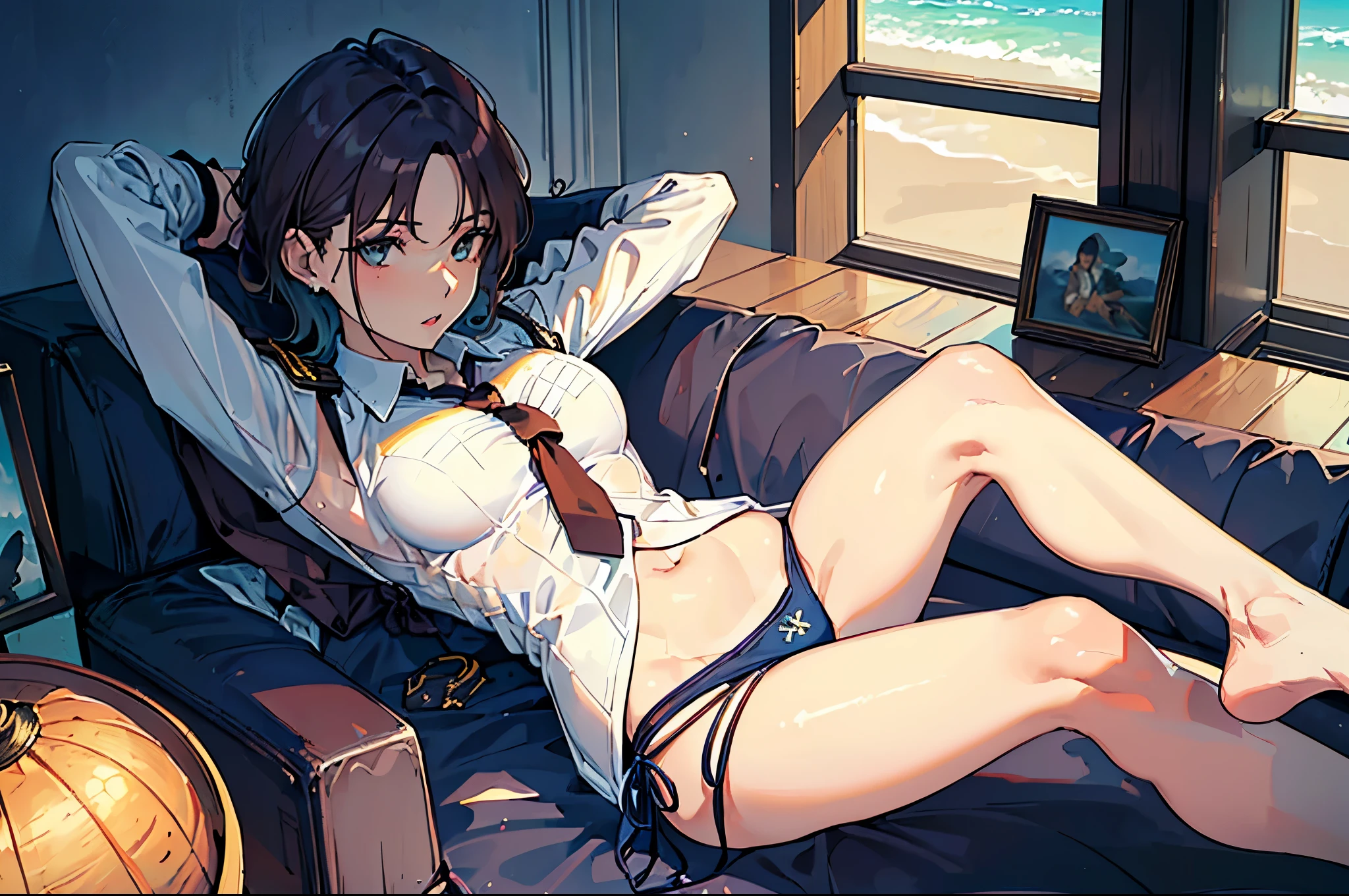 masterpiece,(Perfect Anatomy:1.5), highest quality, 1 lady , slender, leggy, Seductive, brown hair, (wear a white long sleeved shirt, tie, navy officer summer jacket:1.5), white bikini pantie , barefoot, Perfect hands, Perfect body, reclining, lying on a sofa, leg up , looking away, ((Exquisite detail)), Very finely crafted fingers(((10 fingers))), (full body showcase), (Show your whole body), (no background), (No logo) , high resolution, parted lips, belly button, feet up, arms behind head, hip lift,