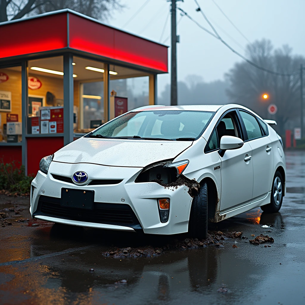 a crashed Toyota Prius and Destroyed convenience store, 