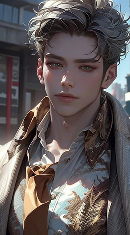 (Highest quality,4K,8K,High resolution,masterpiece:1.2),Super detailed,(Realistic,photoRealistic,photo-Realistic:1.37),1 person,31 years old,Mature Men,Beautiful skin、very handsome,Expressionless smile in love,Short gray blue hair,green eyes,Sharp Eyes,A perfect face without a doubt,Businessman,Office Background,Cinema Lighting,HDR image,tie、