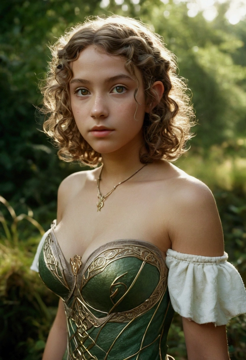 analog film photo, photo of a young elven girl, 18 years old, elf ears, amber eyes, curly bob cut, tan complexion, Amazonian stature, voluptuous hourglass figure, busty bosom, narrow waist, full hips, big plump buttocks, wearing a strapless elven mini-dress, strolling through a fantasy landscape, RAW Photograph, dslr, soft lighting, high quality, film grain, Fujifilm XT3, detailed skin with visible pores, insane details, masterpiece, 8k, 35mm photograph, dslr, kodachrome, faded film, desaturated, grainy, vintage, Lomography, stained, highly detailed, found footage, close-up shot, elven ears